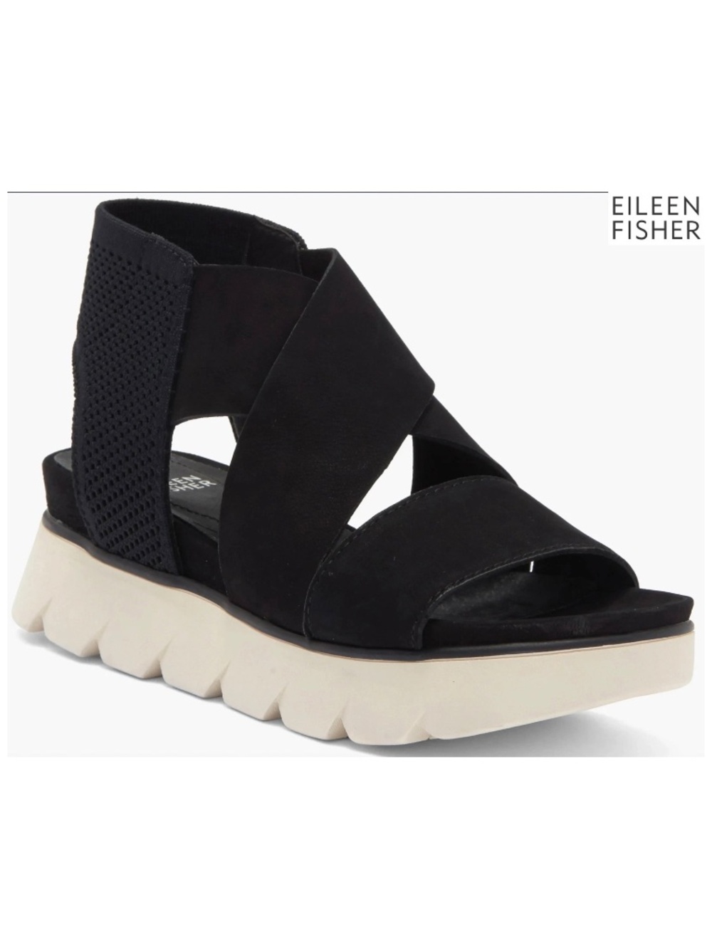 EILEEN FISHER NIB CHANT BLACK LEATHER PLATFORM WEDGE SANDAL. SIZE 9M